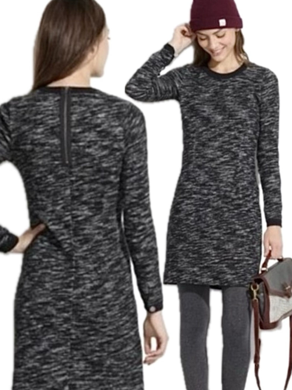Madewell Marled Tweed Knit Sweatshirt Dress Size XS Black & White Long Sleeve